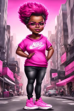 create an airbrush illustration of a chibi cartoon voluptuous black female. Wearing a hot pink t-shirt and tight black jeans with hot pink Nike sneakers. Prominent make up with hazel eyes and she is wearing pink glasses. Extremely Highly detail of a very low platinum shiny pixie haircut. Background of a busy city street.