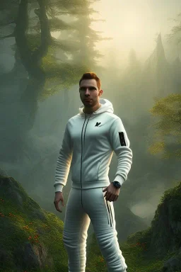 running alien portrait , white jogging suite , in the sunset Alps, golden light , holding leaves and flowers , angels background, volumetric light, high detail, dark leaf tree, dark mountains in background, perfect