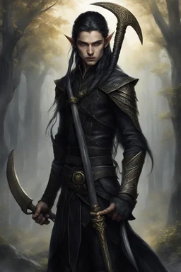 a young elven warrior, with golden eyes, long black braid, dressed in black leather, carrying a gigantic scythe