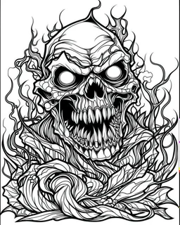 create a 2d black outline, "scary psycho monster with half of face with deformation on face and psycho smile and corrupted thorn coloring book for adults", coloring page, low details design, black contour, coloring page design, coloring page for adults,horror background, black contour and white space beetween contour, same contour,sketch style, horror style, creepy style, minimalist, halloween background,simple