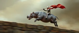 fast hippo hog kentaur jumping a wall with knight rider and lance, motion blurred background, painted by rembrandt and Leng Jun