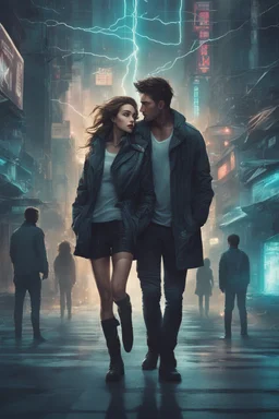 Science fiction, cyberpunk, city street, couple girl and guy, together, love at first sight, forbidden love, storm, lightning