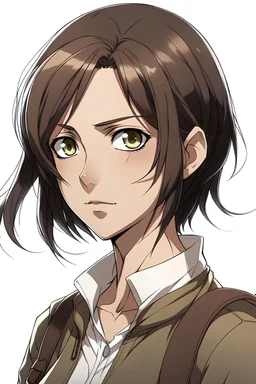 Draw a character from attack on titan, a woman in her early thirties with short dark brown hair and hazel eyes