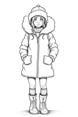 a stylish winter coat with faux fur details with Shoe , outline art for cute girl coloring pages , white background, sketch style, full body, only use outline, clean line art, white background