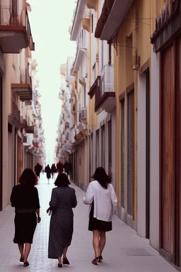 mujeres caminando por una céntrica calle de una ciudad española, visten ropa de segunda mano, es la moda y es tendencia, fotografía real