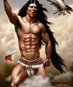 native american warrior, long black hair, big muscles, face up, mouth wide open, scream face, shirtless, looking to the sky