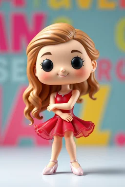 Funko figure of a very young female, smiling, long wavy light brown hair, wearing a ballerina dress, red dress, ballet, very cute, ballet pose,.very colorful background typography, 3D render.