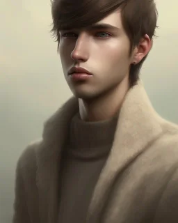  boy, cute, young, teen, brown hair, brown eyes, medium hair, bangs side part, head and shoulders portrait, head and shoulders portrait, 8k resolution concept art portrait by Greg Rutkowski,