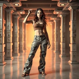 picture of lady with a top and cifi pants stye design posing in a 3d recursive structures stage