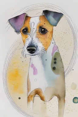 abstract watercolour of a jack Russell dog’s head in the style of Valerie Davide with bifurcated circles and thin pencil lines