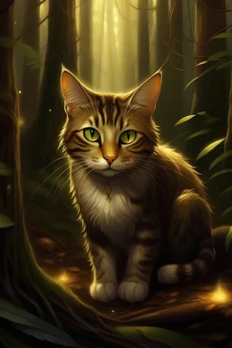 brown cat with white point markings and yellow eyes in a forest, fantasy art