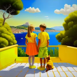 Neoclassicism realistic yellow cote d'azur landscape sea 2 childeren standing with cat