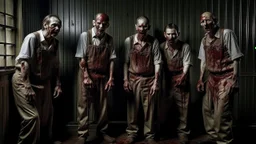 4 men zombies in adark room bloody help stand behined themselves