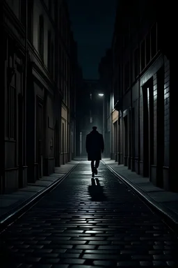 A dark street with an unknown man walking in his hand, best quality, cinematic shot,