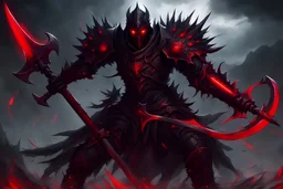 dark warrior, red eyes, glowing, spiky armor, terrifying, holding war scythe, fear, red and black