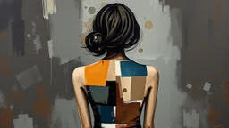 An abstract painting of a female figure viewed from behind, rendered in fragmented, geometric shapes with bold brushstrokes and a palette of earth tones, blues, and grays against a dark, textured background.