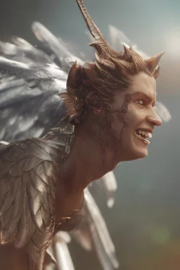 a very close up side profile image of an evil angel, smiling,8k quality, supper realistic