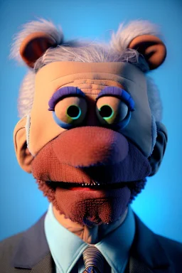 Waist up muppet Portrait, joe Biden as muppet doll, Blue suit, photo studio, blue background, unreal engine 5, concept art, art station, god lights, ray tracing, RTX, lumen lighting, ultra detail, volumetric lighting, 3d.