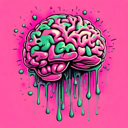 Vintage illustration of a slimy pink brain melting, cartoonist animation style, hand drawn, pastel color palette, gross art, pop punk, 90s anime inspired, airbrushing, post modern, horror cut, gradient chrome abberations, retro weird drawings, alien brain matter, blood spatter , scifi punk