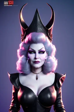 Mae West as evil queen in black leather, leather, busty, cleavage, angry, stern look. character design by cory loftis, fenghua zhong, ryohei hase, ismail inceoglu and ruan jia. unreal engine 5, artistic lighting, highly detailed, photorealistic, fantasy