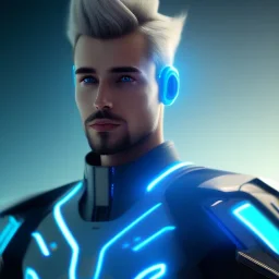 Handsome sexy galactic man with blue and blond hair in the wind, lightining tron suit, lights, hight détails, cinematic, artstation, unreal engine 5, stars in background