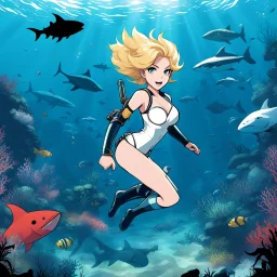 [illustration for wii No More Heroes style with thick lines] With each encounter, she pushed herself to the limits, testing her skills and courage against these formidable foes.In this underwater world of chaos and danger, snorkelling Barbarella found herself facing not only the sharks but also the remnants of a society on the brink of collapse. As she navigated the treacherous waters, she uncovered dark secrets and hidden dangers that threatened to consume her.