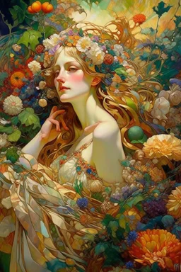 A beauty in the garden? unusual flowers, very cute, smooth, active sequins, elegant fantasy, intricate, 8k, oil on canvas, beautiful, high detail, fantastic view, hyperrealistic, over-detailed, clear quality, colorful, artgerm, Alphonse Mucha, Catherine Abel. Catherine Welz Stein. Dmitry Vishnevsky. Gustav Klimt, R. Giger. Jacek Yerka. Josephine Wall, Carrie Ann Baade