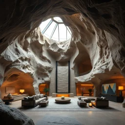 Award-winning Ultra realistic architectural photography of a magnificent luxury cave mansion hidden inside a massive natural rock formation, elegant contemporary interiors sculpted directly into stone, enormous skylights flooding the home with natural light, sophisticated designer furniture, warm luxurious atmosphere, professionally photographed, ultra detailed, 64 k