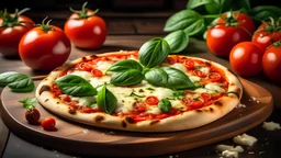 Margherita traditional Italian pizza with melted mozzarella cheese, tomato and fresh basil. Restaurant, pizzeria, food photo, menu concept