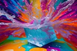 Image capturing the fantastical scene you described, with a central female figure surrounded by an explosion of floral and fluid elements, mixing hyperrealism with a touch of surrealism. The vibrant colors and dynamic movement create an immersive and energetic composition. Image is inside an ice cube on a coffee table.