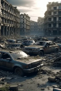 city ruins a lot of smashed cars everywhere high quality HD pictures in cinematic universe