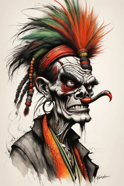 create an malevolent female shaman with highly detailed and refined facial features, raggedly clothed in the caricature cartoon style of Gerald Scarfe and Ralph Steadman, precisely drawn, boldly inked, vividly colored, 4k