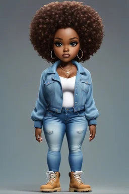 create a digital image of a plus size chibi dark skinned Black female wearing a light blue jean outfit with timberland boots. Prominent make up with brown eyes. Highly detailed tight ombre curly afro 2k