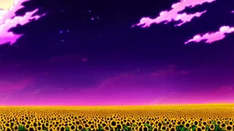 purple sky full of stars, sunflower field, anime, high res, makoto shinkai