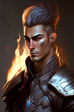 handsome fantasy fire genasi male fighter in leather armor and slicked back hair