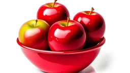 Pile of red juicy apples in a red bowl on white background