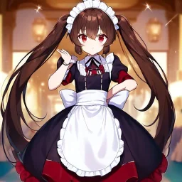 Clear focus, High resolution, Rough line, cute, anime style, red eyes, sparkling eyes, brown hair, red eyes, wearing a maid outfit, long twin tails, long bangs,choppy long bangs