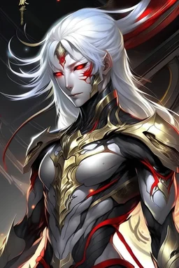 A Human like alien with crimson red skin, shining white hair ,white eye and black and gold costume with a normal muscular build capable of taijutsu by artist "anime", Anime Key Visual, Japanese Manga, Pixiv, Zerochan, Anime art, Fantia