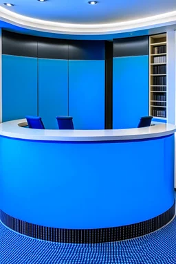 A circular blue reception desk with three chairs