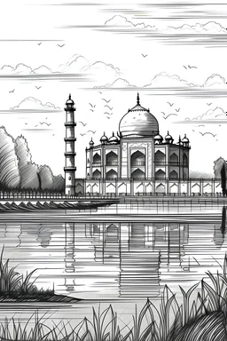 sketch image of some tajmahal and the river with space
