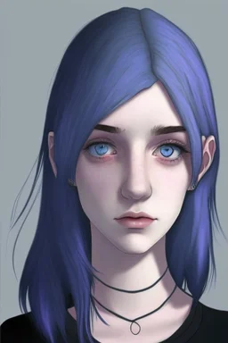 Realistic female teenager with pale skin, big grey eyes, blue and purple shoulder length hair, angular facial features, round face, prominent collarbones, black clothing