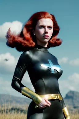 retro portrait image from 1960, sky background, wind, long red hair, fighting stance, sweet young Scarlett Johansson, black dress, classic long tight lycra black suit, gold bracelet and belt, high heel boots, superhero style, soft color, highly detailed, unreal engine 5, ray tracing, RTX, lumen lighting, ultra detail, volumetric lighting, 3d, finely drawn, high definition, high resolution.