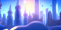 Abstract alien City, skyscrapers and sparkles. snow, hearts. realistic, photo real, clear sunny background, highly detailed, high contrast, 8k high definition, unreal engine 5, extremely sharp detail, sunny light background