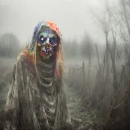 Countryside, morning, foggy. Gritty, raw portrait photo of obscene filthy demons and ghosts with creepy face, eerily mysterious, grainy, intricate patterns, details of the skin extremely accentuated