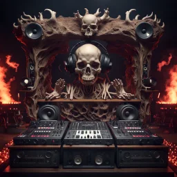 DJ of the damnded, insanely detailed DJ booth in hell, MID set, speakers and equipment made of bone, anatomically correct, add more skulls in th audience, photorealism, vray, 8k 3d