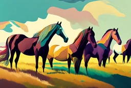illustration horses of different colors in a field from afar