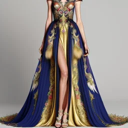 stunning couture gown designed by Marchesa inspired by fairies, realistic epic elegant fantasy colors in gold and black and red, detailed, high quality, intricate, fantasyland background,