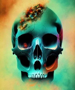 broken realistic skull. black background. smoke and explode. particles in air. teal and orange. watercolor and ink. abstract. beksinski.