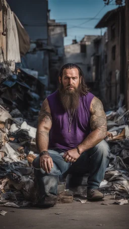 full figure photography of a shy hippy gipsy burly muscular chubby strong man 31 years old with long raided beard, shaved hair, tattoo, photorealistic ,dressed with a purple ripped t-shirt, side light, outdoor in a dirty street full of garbage