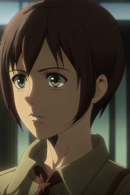 Attack on Titan screencap of a female with short back hair and black eyes.